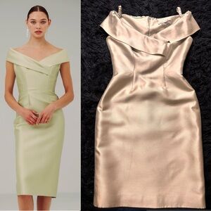 CATHERINE REGEHR VANCOUVER OFF SHOULDER V NECK ROLL COLLAR DRESS. SIZE S